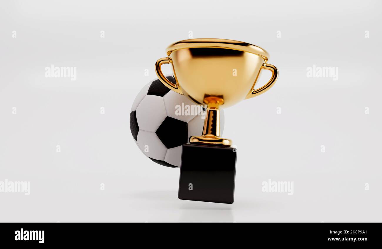 Gold winners trophy and football. soccer award. 3D Rendering Stock Photo