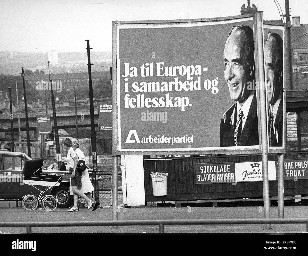 Oslo 1972: Election campaign ahead of the referendum on EC: Yes to the EC poster with Prime Minister Trygve Bratteli. EEC / EC / EU. Photo: NTB / NTB Stock Photo