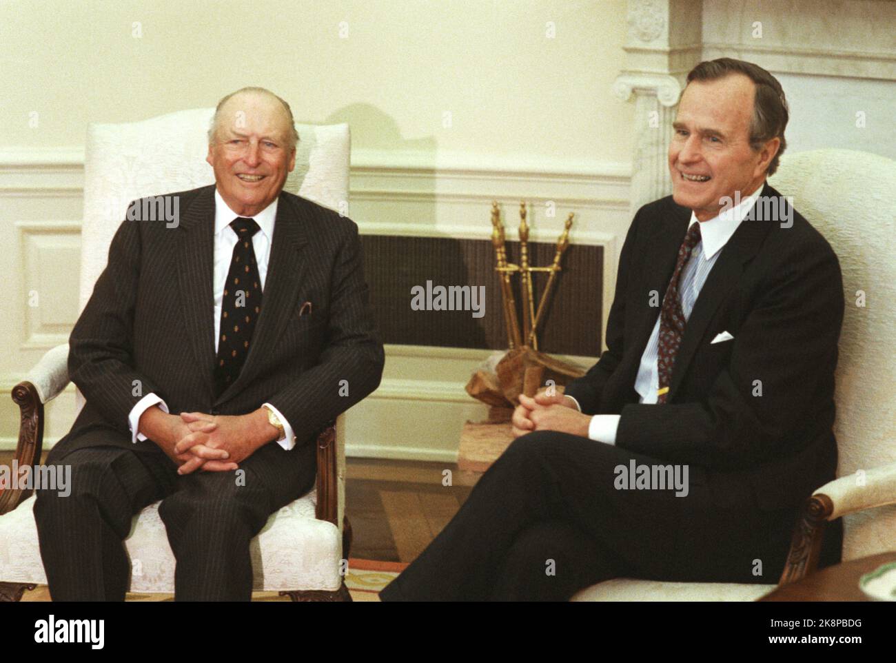 Washington 19890508. King Olav in the United States. Here we see King Olav with President George Bush in the White House. Photo: Per Løchen NTB Archive / NTB Stock Photo
