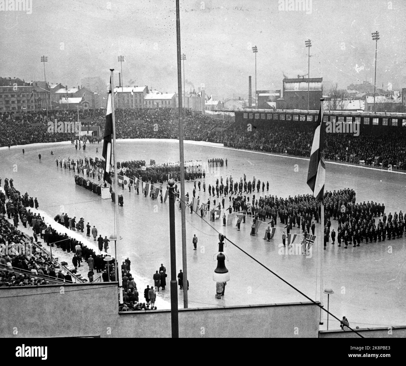 Oslo 19520215 The Olympic Winter Games in Oslo: Overview image from Bislett Stadium during the opening ceremony. The opening of the 6th Olympic Games. Photo: Current / NTB Stock Photo