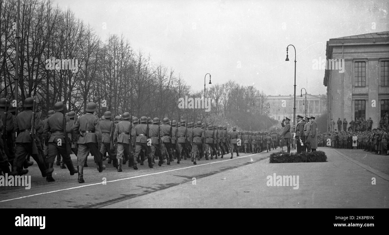 WW2 Oslo 19420420 Defilation at the University Square on the occasion of Adolf Hitler's 53th birthday. German soldiers march at Karl Johan. Photo: Kihle / NTB *** Photo not image processed ***** Stock Photo