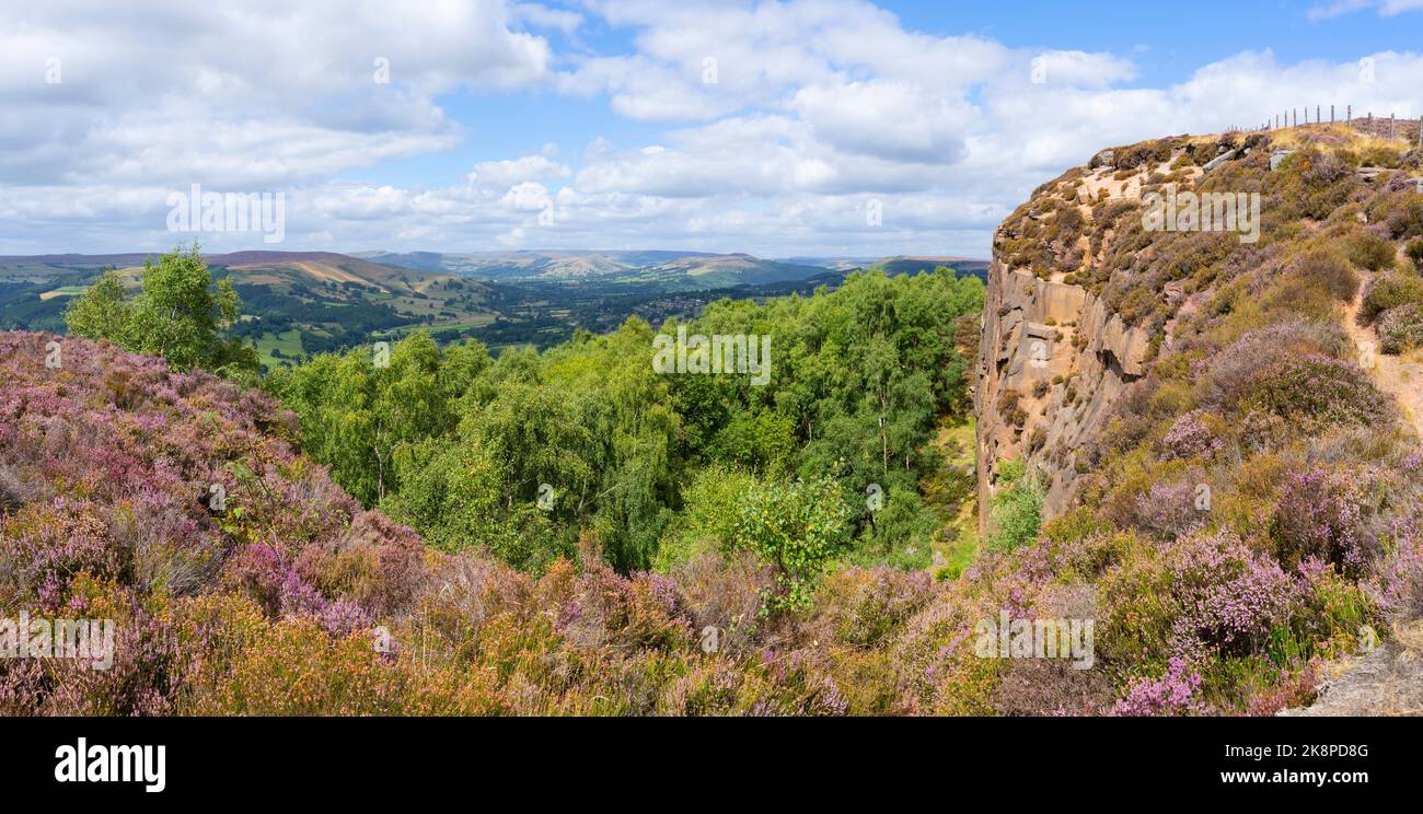 Derbyshire Peak District National Park Surprise view purple heather and Hope Valley view Peak district Derbyshire England UK GB Europe Stock Photo