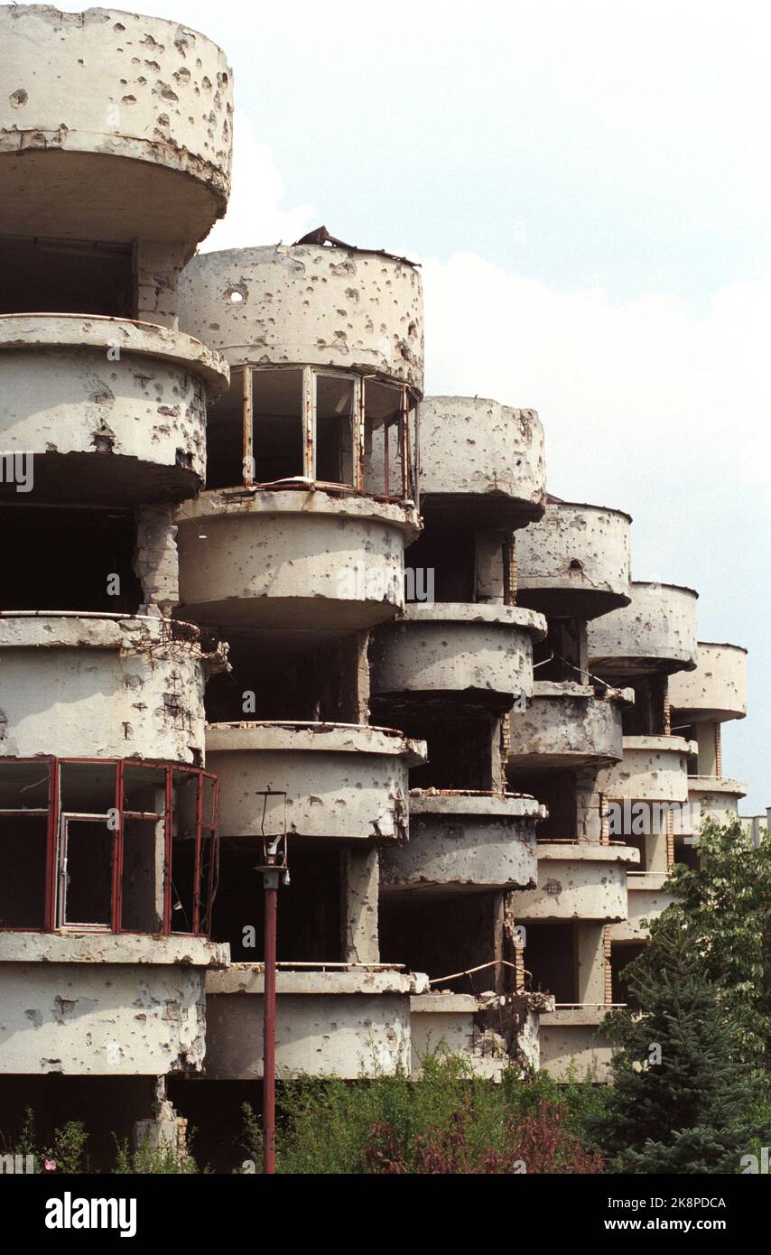 Bosnia, Sarajevo August 1997: Buildings with injuries after the war in ...