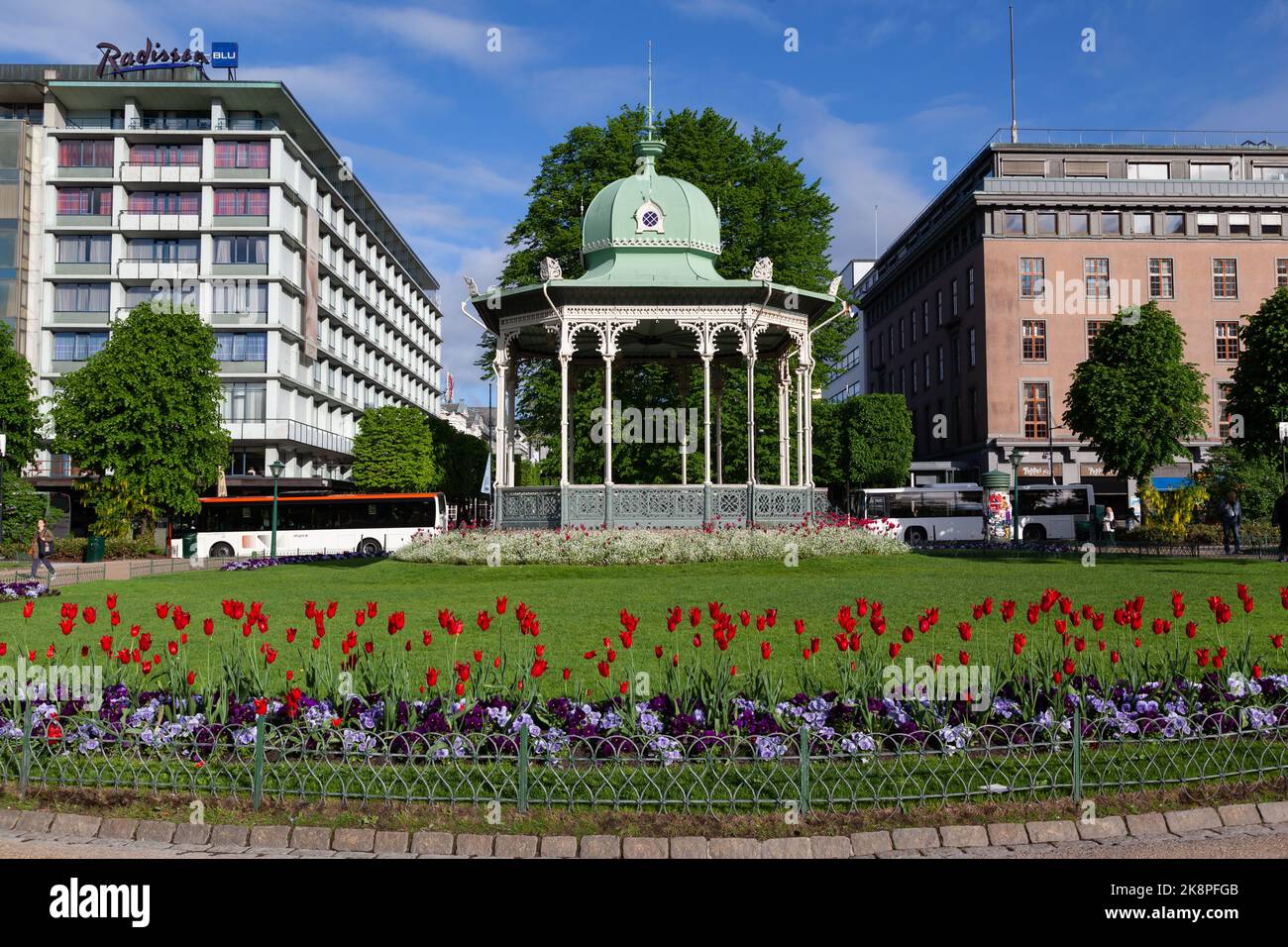 The Gazebo in the Lille Lungegardsvannet lake with the city buildings in the background, Bergen, Norway Stock Photo