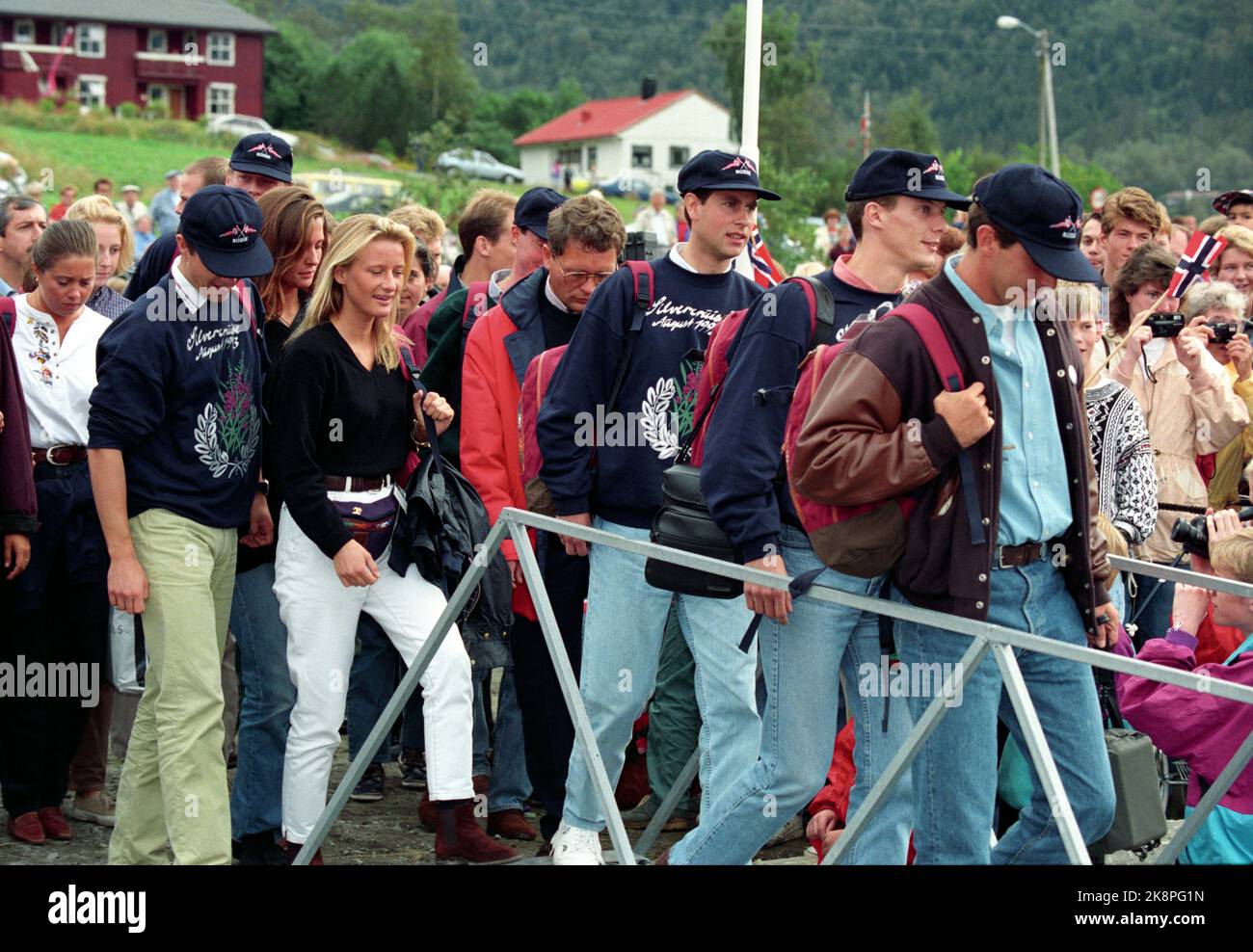 Western Norway, 199308: Silver cruise. Westland trip. The Norwegian royal couple, Queen Sonja and King Harald, arrange cruises in Western Norway on the occasion of their silver wedding. Picture: Sykkylven. The royal youngsters rise aboard a Viking ship that will carry them aboard the royal ship. Here in front of H .: Crown Prince Frederik of Denmark, Prince Joachim of Denmark, Prince Edward of the United Kingdom, Princess Astrid Ullens de Schooten, Princess Sophie Ullens de Schooten (partially hidden) and baked princess Alexia of Greece (white sweater). Photo: Bjørn Sigurdsøn Stock Photo