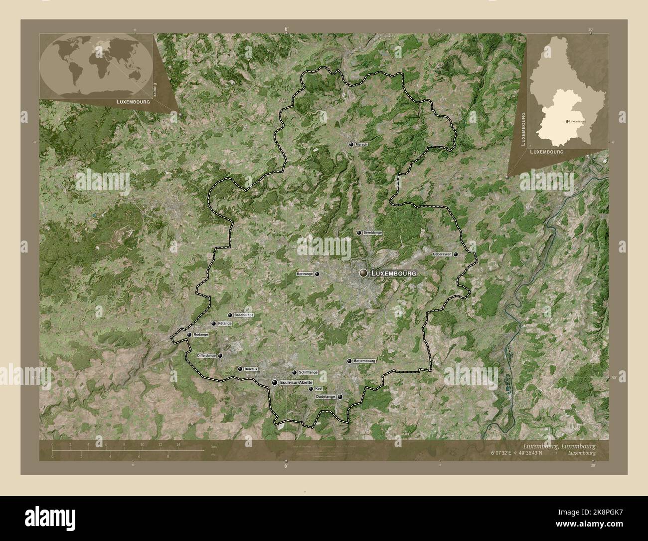 Luxembourg, district of Luxembourg. High resolution satellite map. Locations and names of major cities of the region. Corner auxiliary location maps Stock Photo