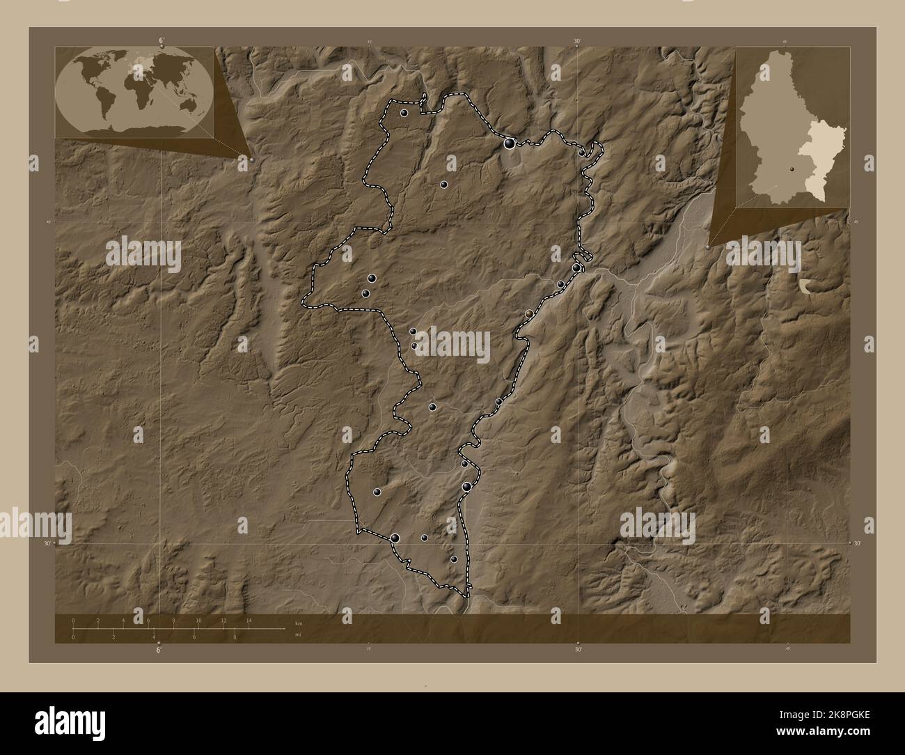 Grevenmacher, district of Luxembourg. Elevation map colored in sepia tones with lakes and rivers. Locations of major cities of the region. Corner auxi Stock Photo