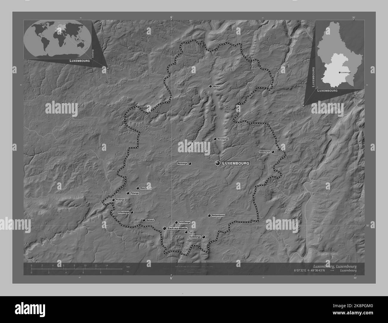 Luxembourg, district of Luxembourg. Grayscale elevation map with lakes and rivers. Locations and names of major cities of the region. Corner auxiliary Stock Photo