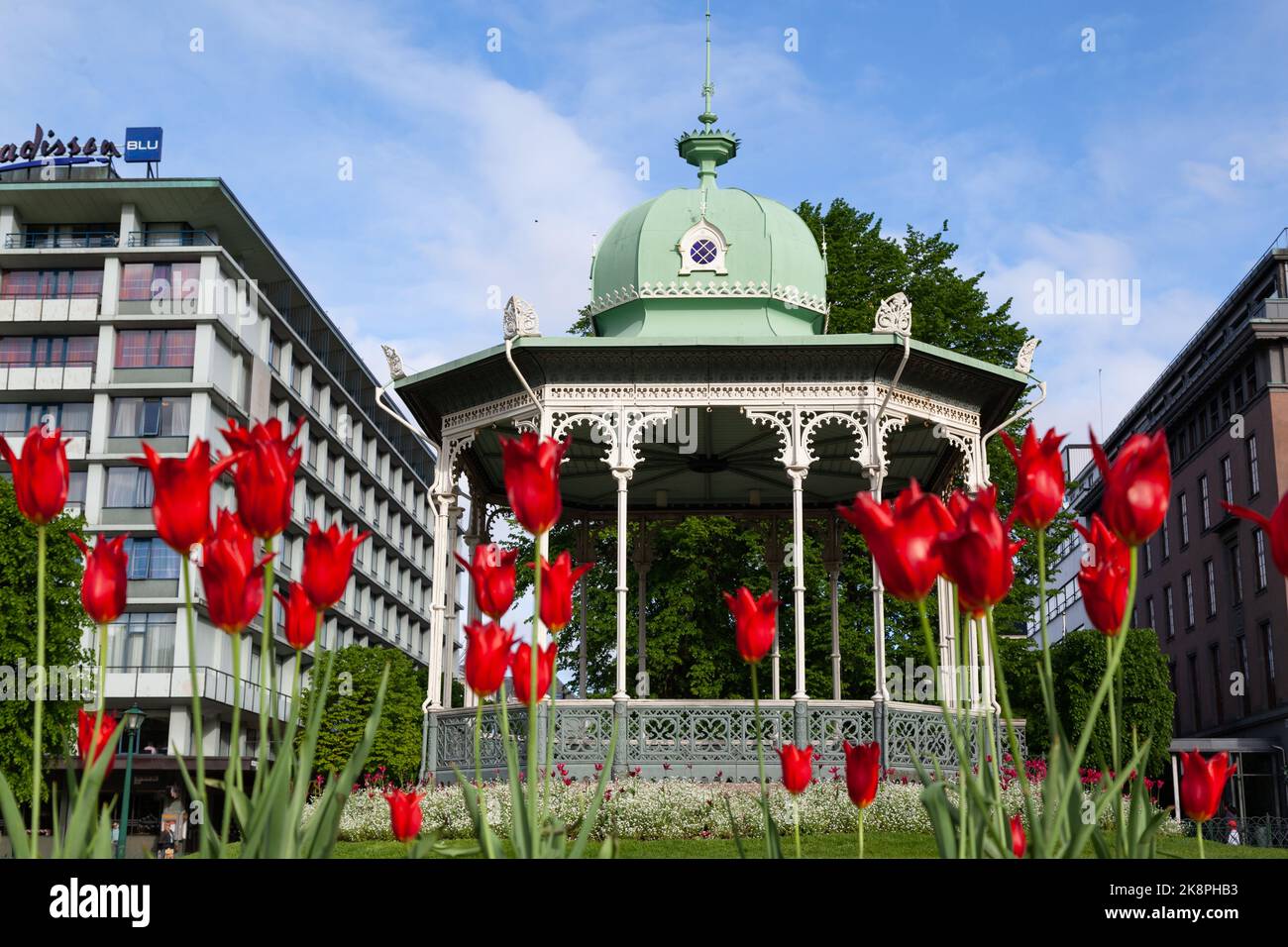 The blooming red tulips near a beautiful gazebo near Lille Lungegardsvannet lake in Bergen, Norway Stock Photo