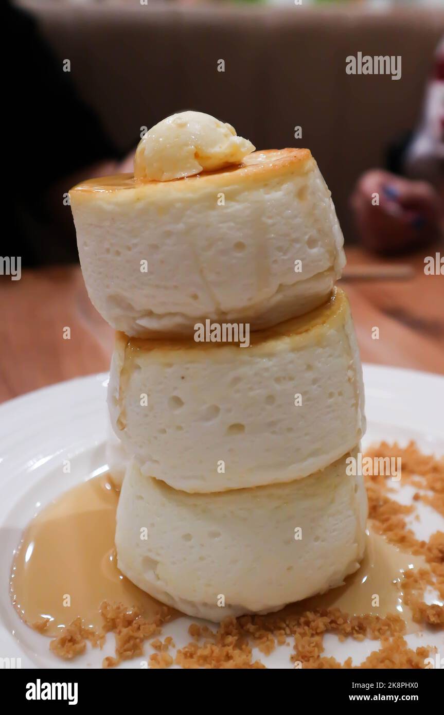 souffle pancake or pancake and vanilla ice cream with sirup sauce