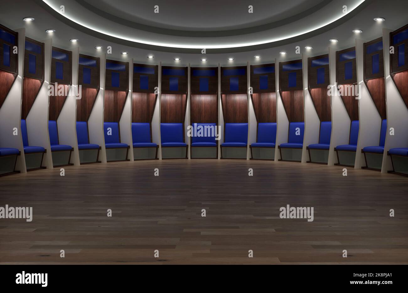 A sports locker room made of a semi circle of cubicles and a padded ...