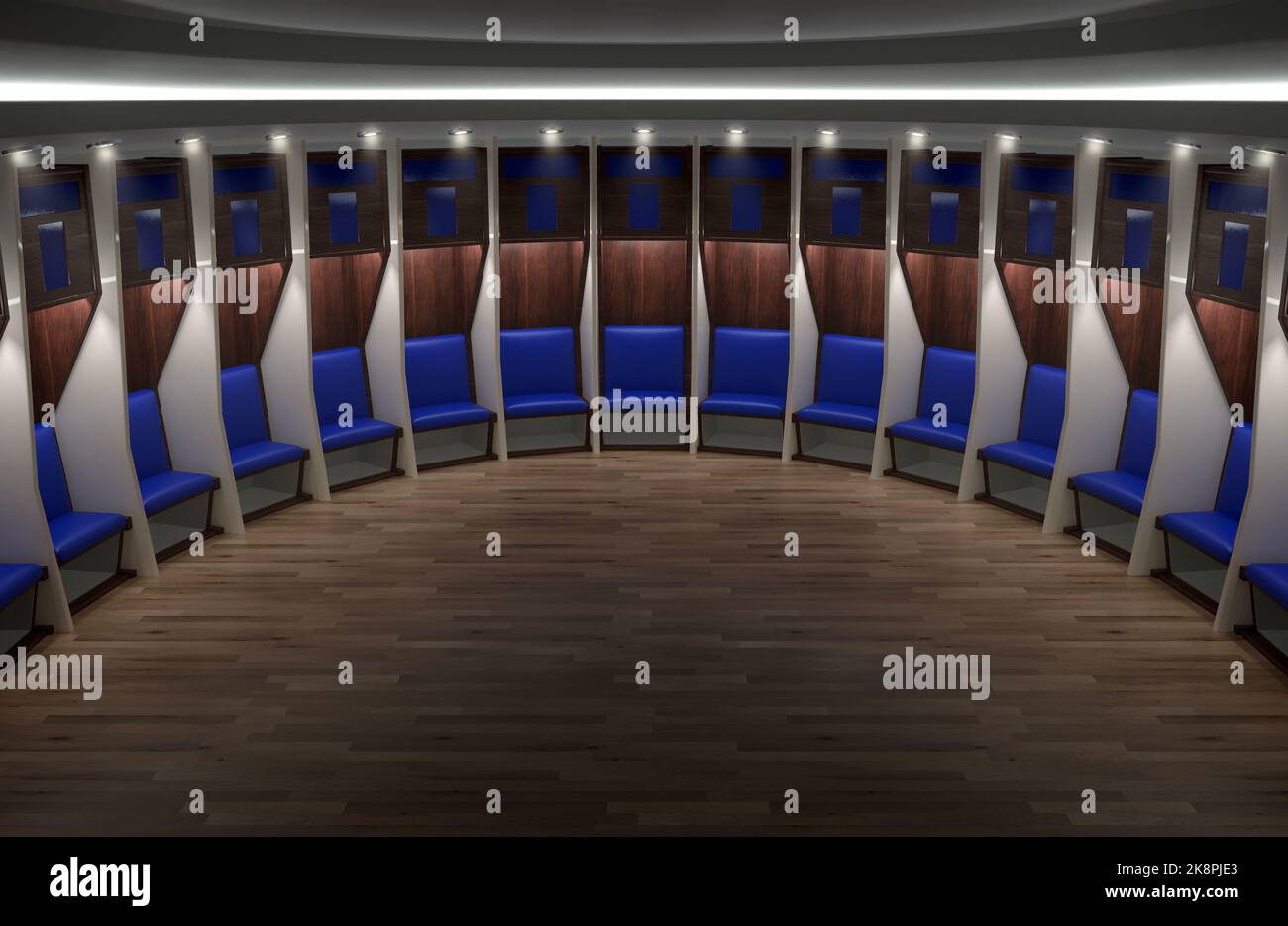 A sports locker room made of a semi circle of cubicles and a padded ...