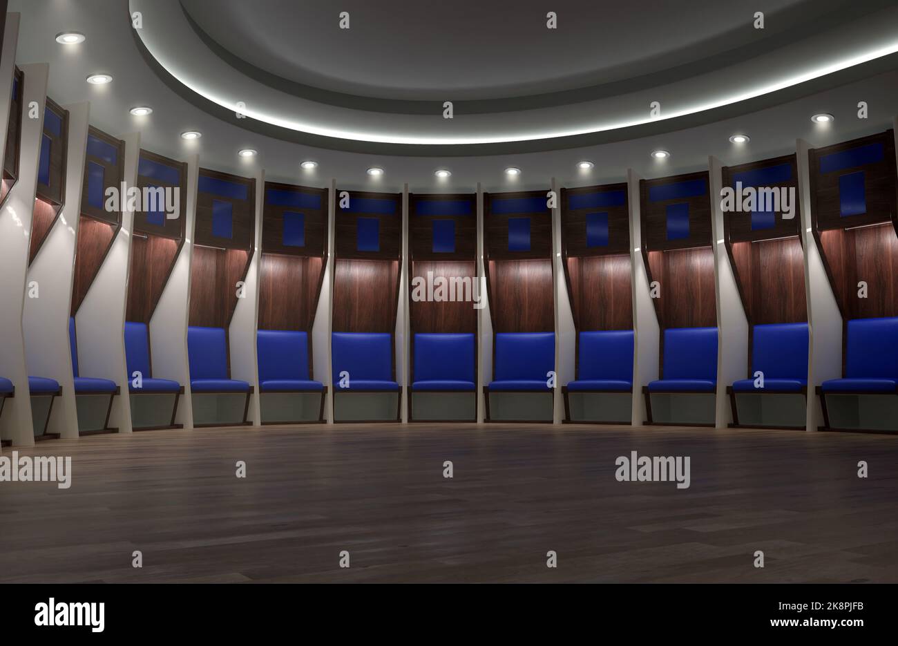 A sports locker room made of a semi circle of cubicles and a padded ...