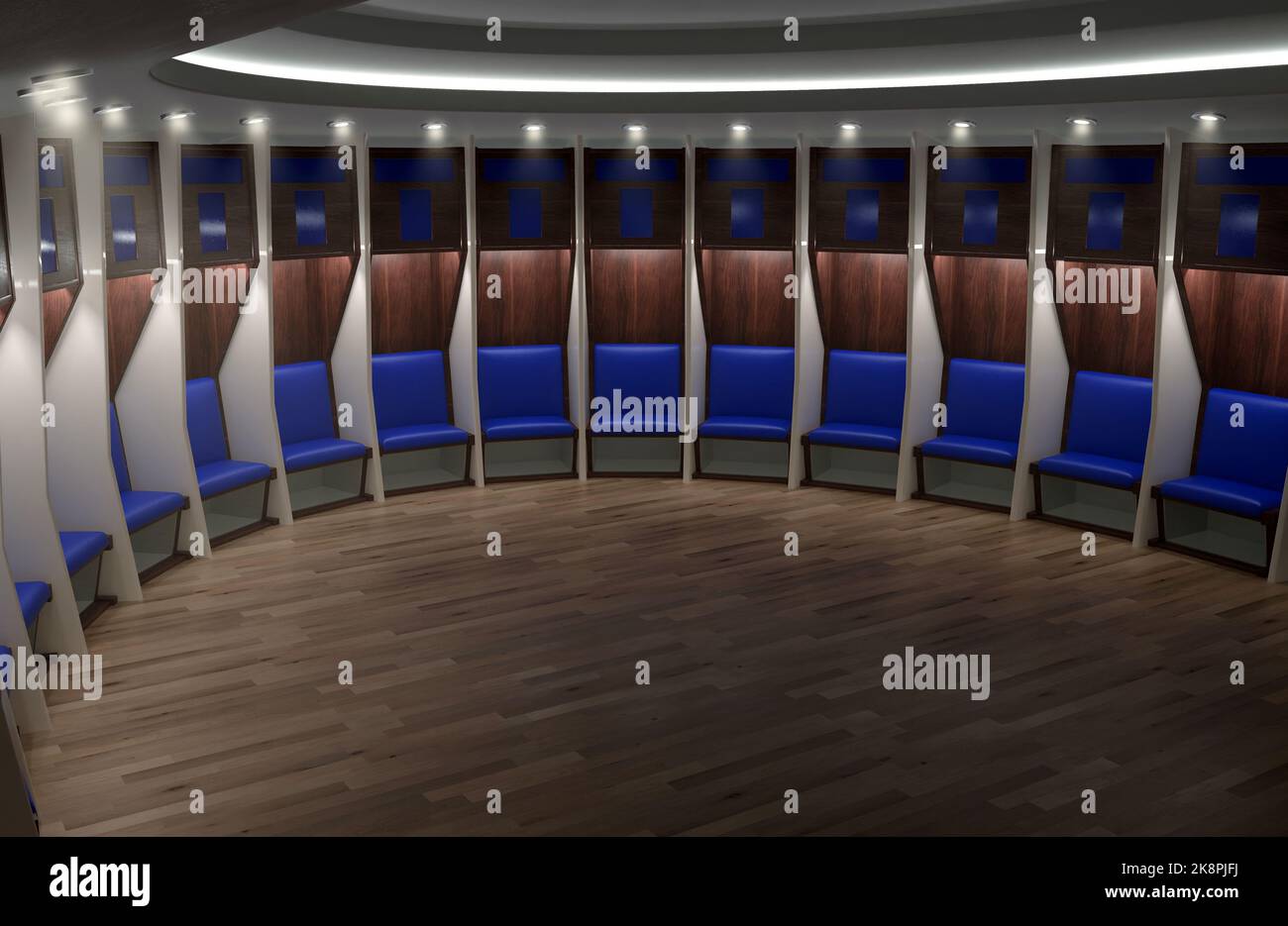 A sports locker room made of a semi circle of cubicles and a padded