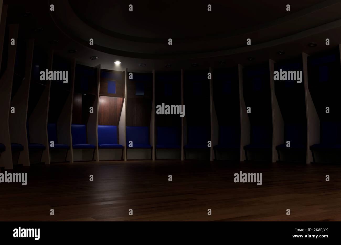 A sports locker room made of a semi circle of cubicles and a padded ...