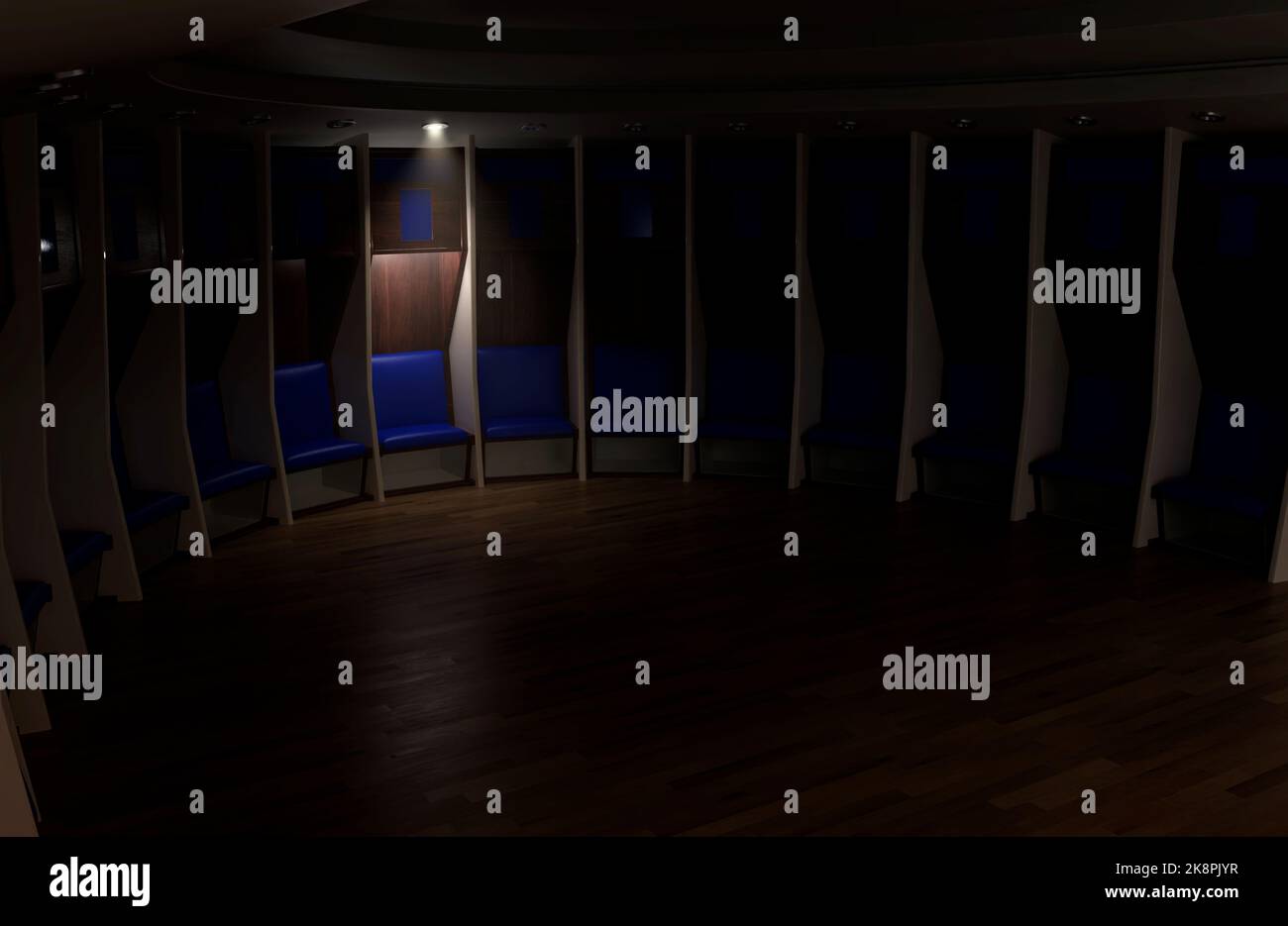 A sports locker room made of a semi circle of cubicles and a padded ...