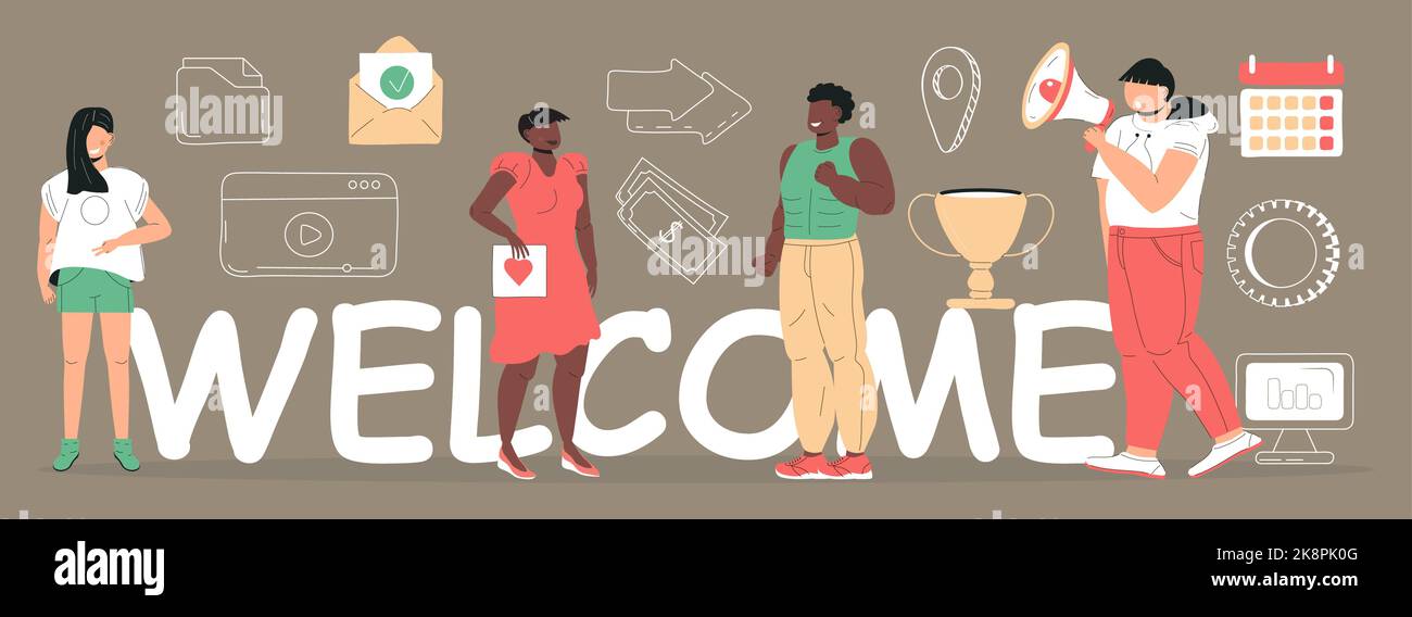 Welcome concept flat vector for website. Happy people stands near huge text. Office teamwork and are greeting clients in online office, shop, co Stock Vector