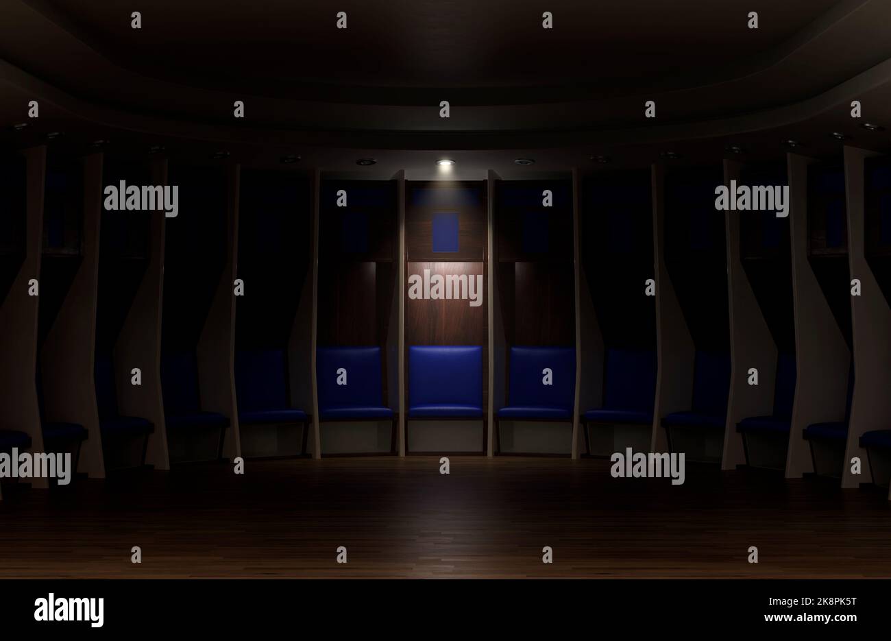 A sports locker room made of a semi circle of cubicles and a padded ...