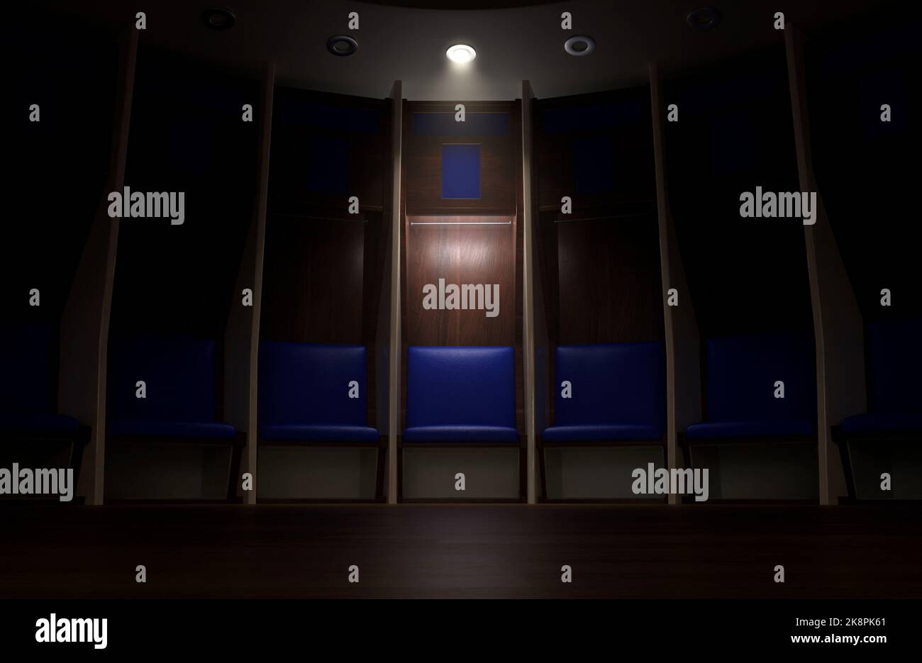 A sports locker room made of a semi circle of cubicles and a padded ...
