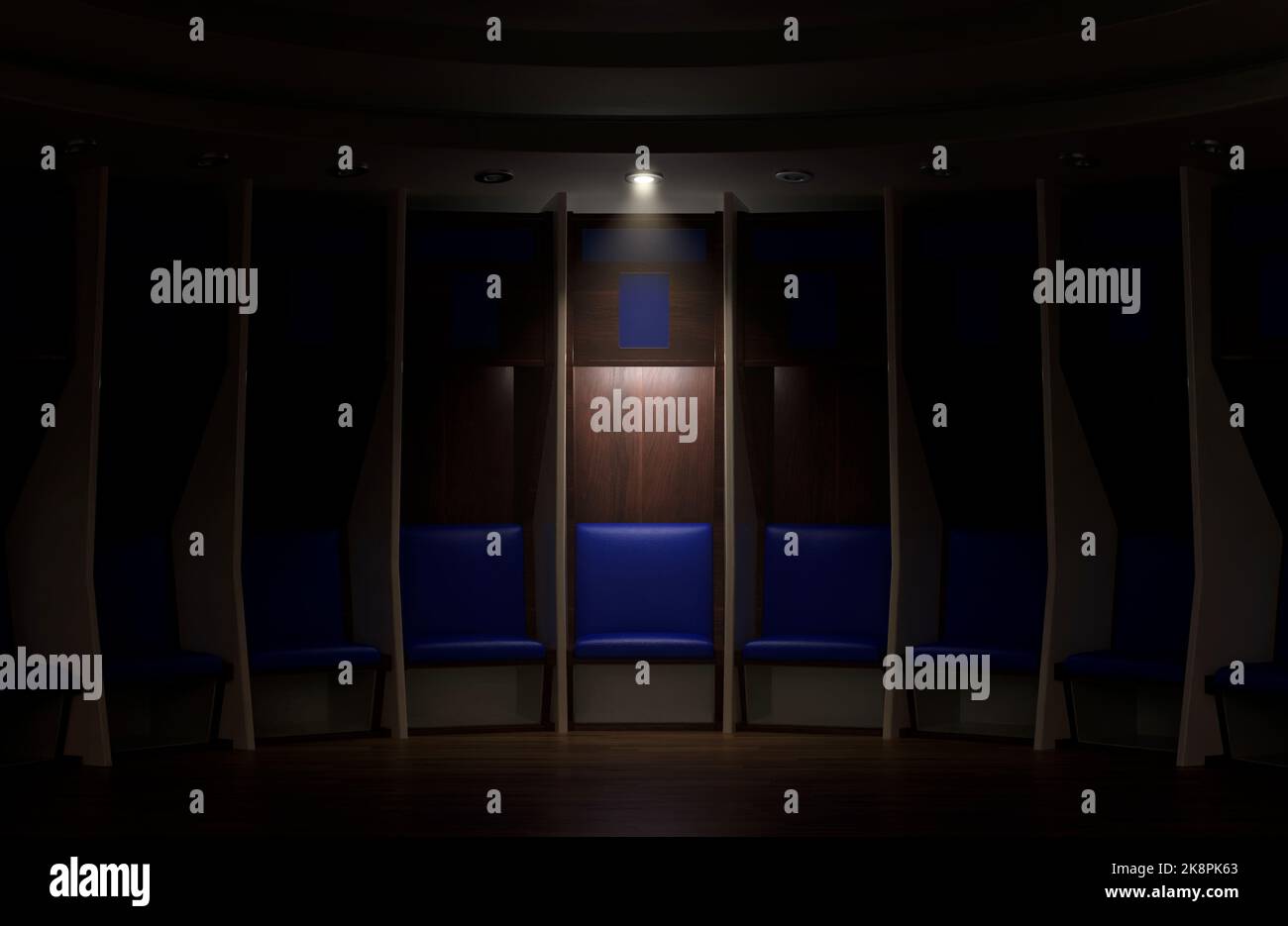 A sports locker room made of a semi circle of cubicles and a padded ...