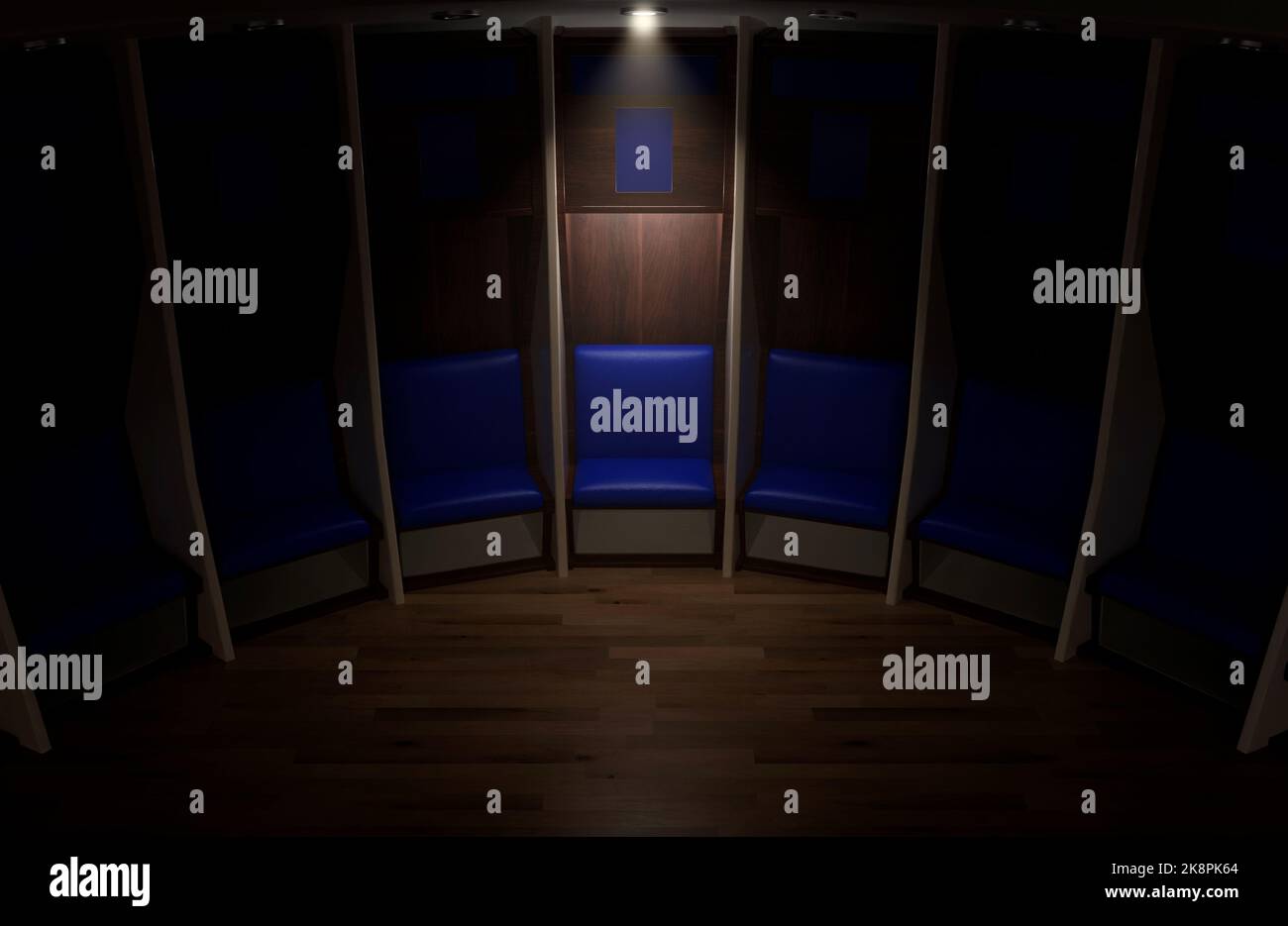 A sports locker room made of a semi circle of cubicles and a padded ...