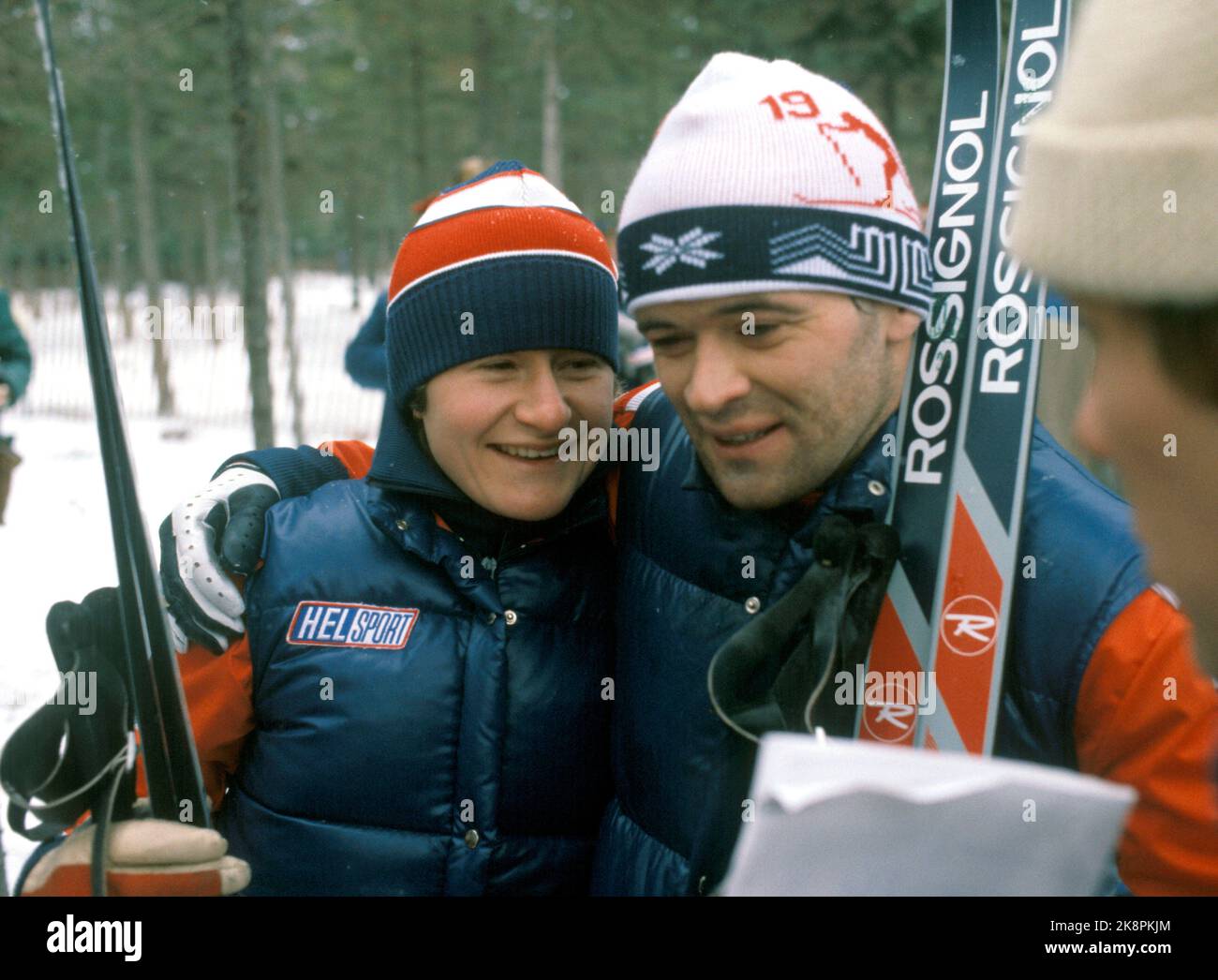 Lake Placid, N.Y., USA, 198002: Olympic Lake Placid 1980. Cross -country skiing, 15km men. The picture: A happy Ove Aunli (NOR) with his wife Berit Aunli, after taking a bronze at 15km, February 17, 1980. The gold went to Thomas Wassberg (Sve), while Juha Mieto (fine) took silver in the distance. Photo: NTB / EPU / NTB Stock Photo