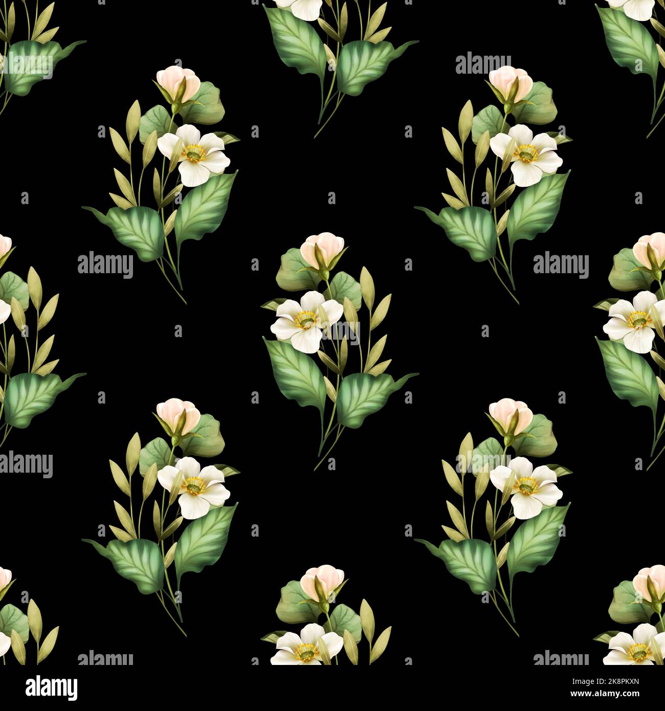 Seamless floral pattern with white flowers and green leaves on black ...