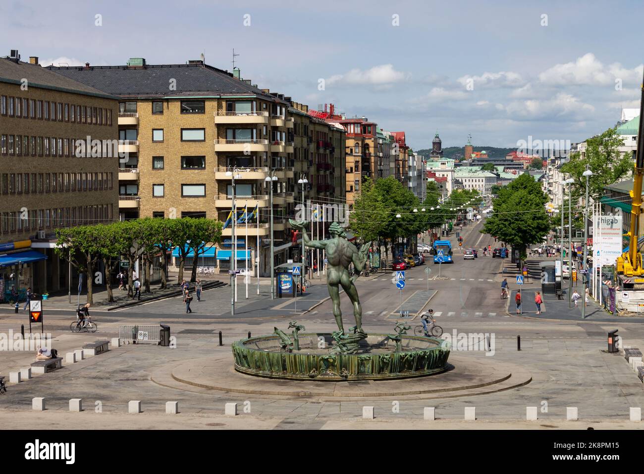 An aerial view of the Bronze Poseidon fountain in Gothenburg, Sweden ...