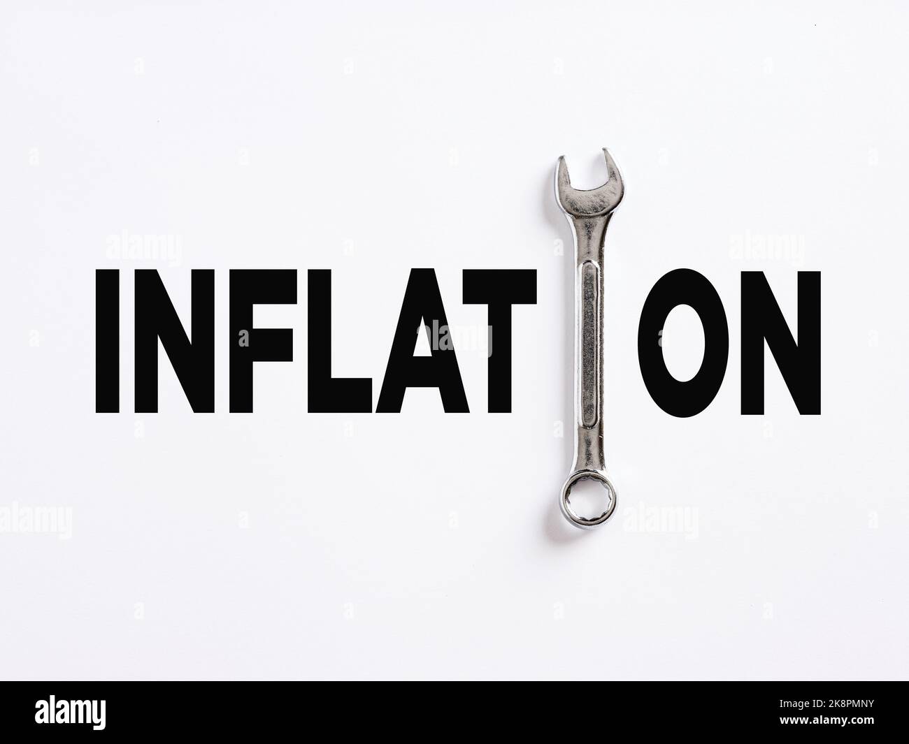 The word inflation written with a wrench. Fixing inflation, fight with inflation strategies concept. Stock Photo