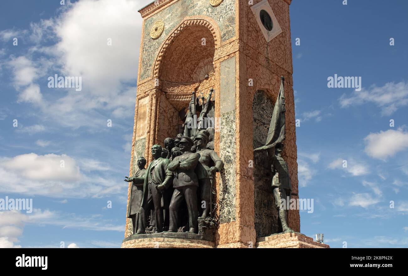 Close up view of the republic monument located at Taksim square in Istanbul. It is a sunny summer day. Stock Photo