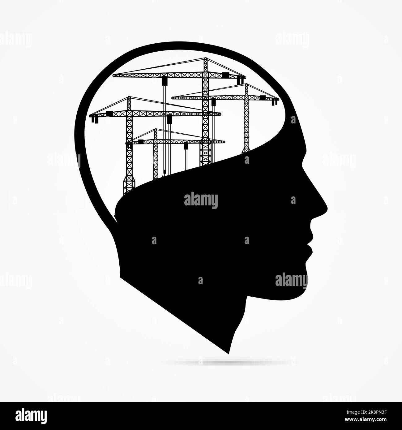 Creative head with crane. Under construction background. Vector