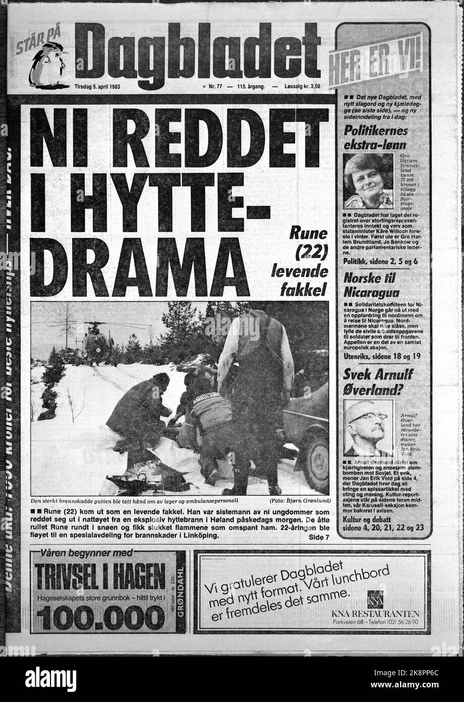 Oslo 19830405. Dagbladet has shrunk in format. On Saturday, April 2, 1983, the latest edition of the newspaper came out in its old form, and on Tuesday, April 5, the newspaper's first issue in Tabloid (pictured) has come out. Photo: Per R. Løchen / NTB Stock Photo