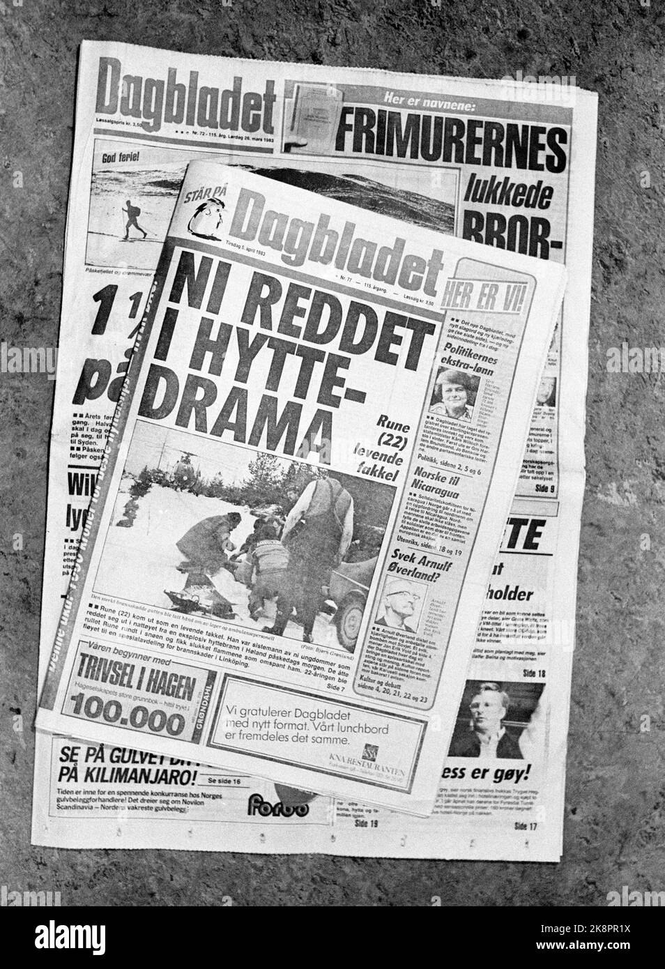 Oslo 1983-04: The newspaper Dagbladet shrinks in format. On Saturday, April 2, 1983, the latest edition of the newspaper came out in its old form, and on Tuesday, April 5, the newspaper's first issue in Tabloid Format was published. (The cover page: 'Nine rescued in cabin drama'. Stock Photo