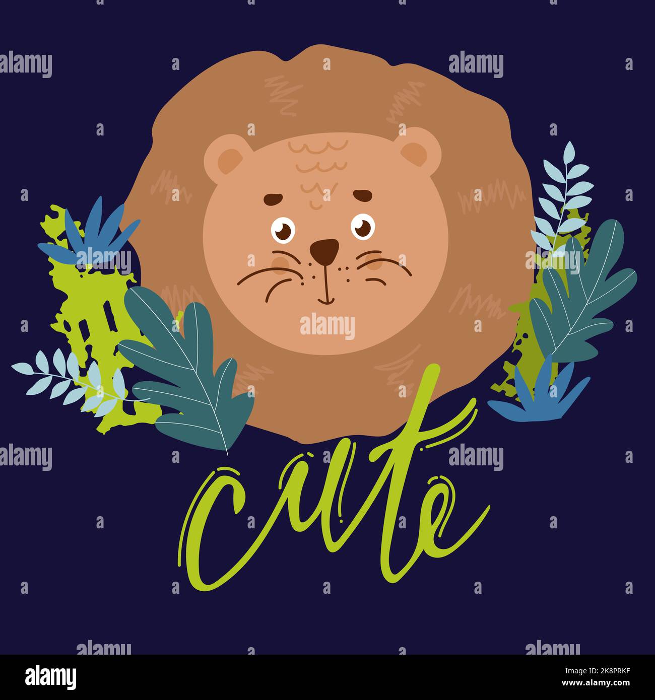 Wildlife animals. Cute lion with simple greens vector illustration ...