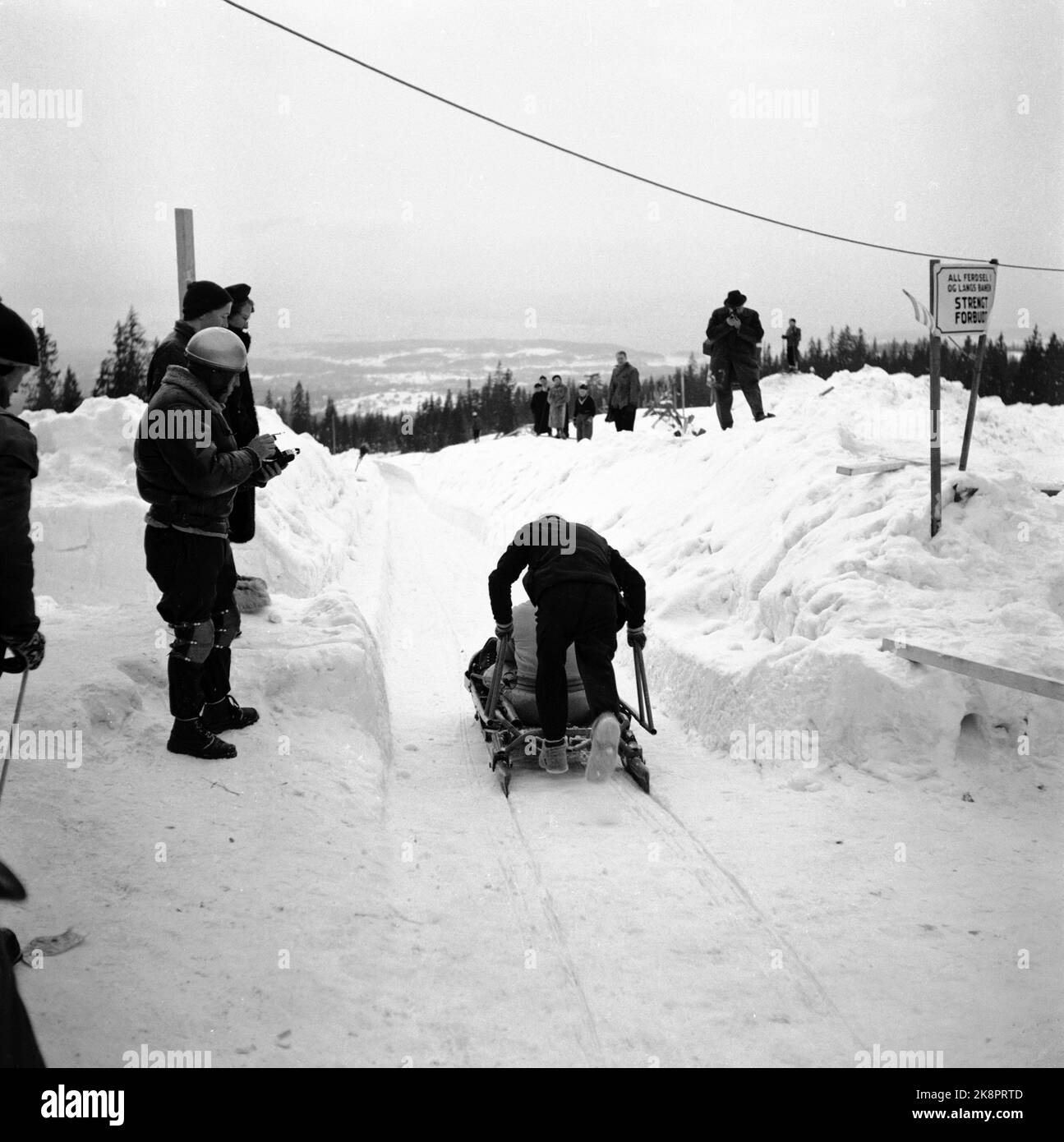 Oslo, Frognerseteren January 1951. The Bobsleigh course, which will be built for the Olympic Winter Games next winter, is ready for test driving. Here one of the bobs on the way out from the start during the test run. Photo: Skotaam and Kjus / Current / NTB Stock Photo