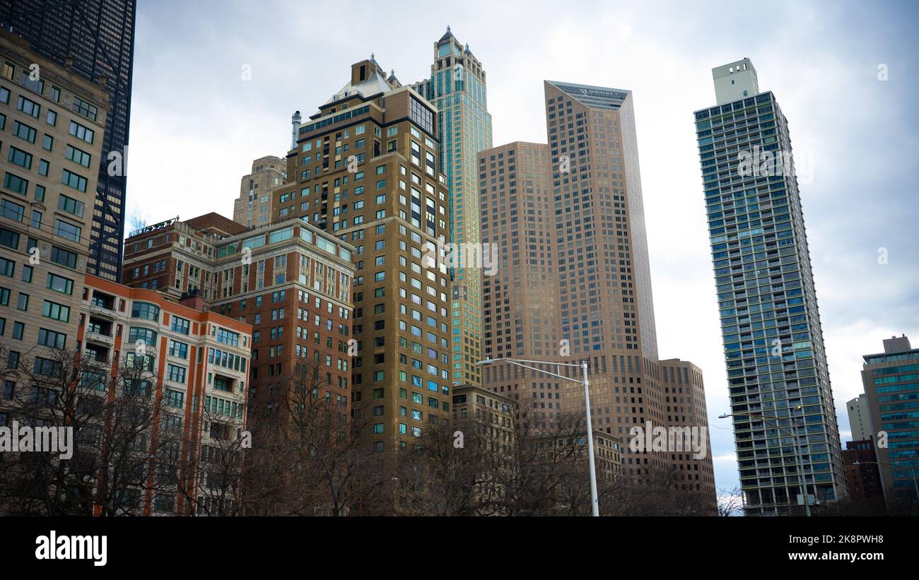 A cityscape view of high rise buildings, skyscrapers in downtown ...