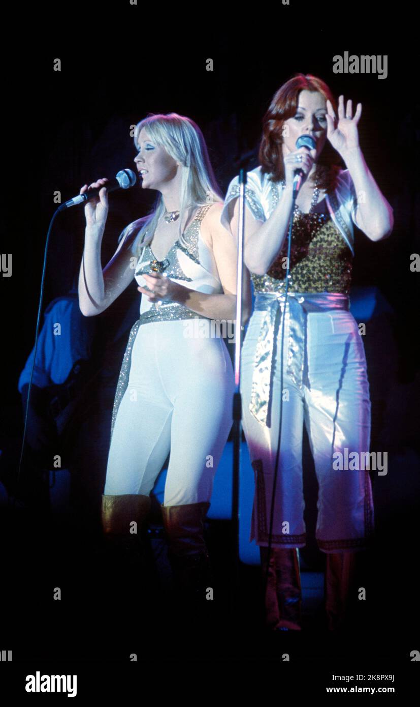Oslo 1977-01-28: The Swedish pop group ABBA initiates its concert tour with a concert in Ekeberghallen, January 28, 1977. ABBA consists of Anni-Frid Lyngstad (Frida), Agnetha Fältskog, Björn Ulvaeus and Benny Andersson. Photo: Oddvar Walle Jensen / NTB / NTB Stock Photo