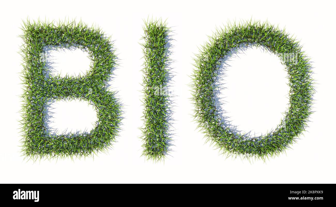 Concept or conceptual green lawn grass forming the  word  BIO  isolated  on white background. 3d illustration metaphor for ecology, reycling, renwable Stock Photo