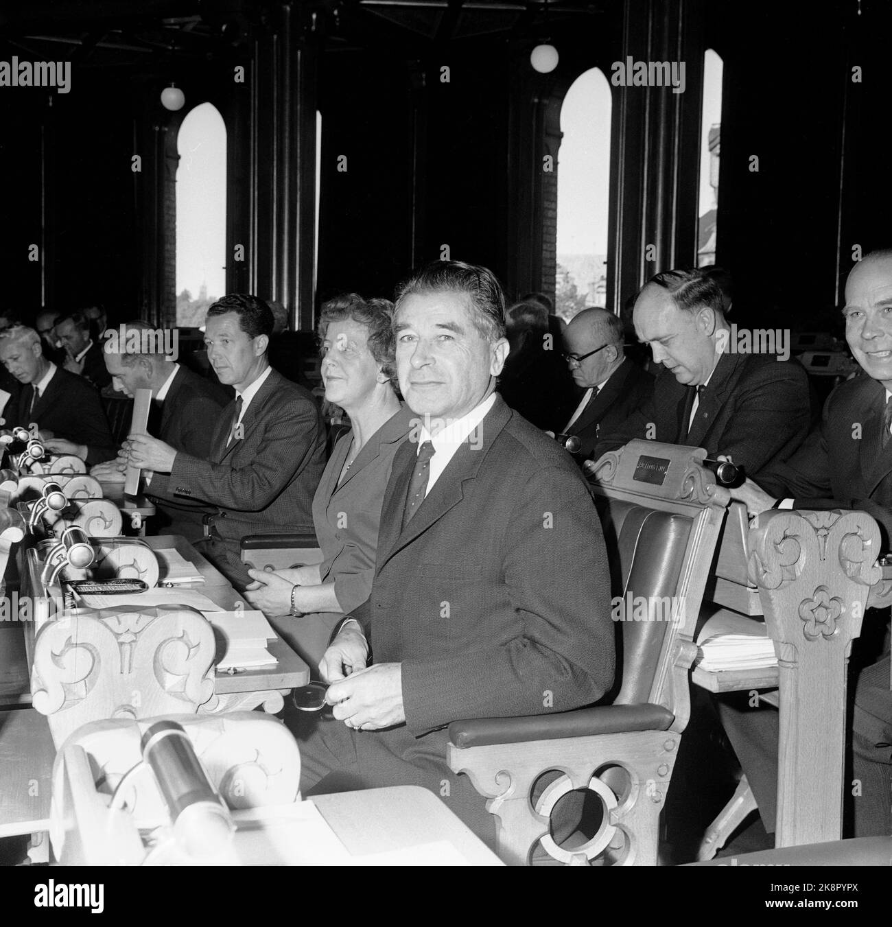 Oslo 19651008 The Storting constitutes itself after the parliamentary elections, and chooses a new parliamentary president. Here's the new president Bernt Ingvaldsen on the Buskerud bench in the Stortingssalen. Photo: NTB / NTB Stock Photo