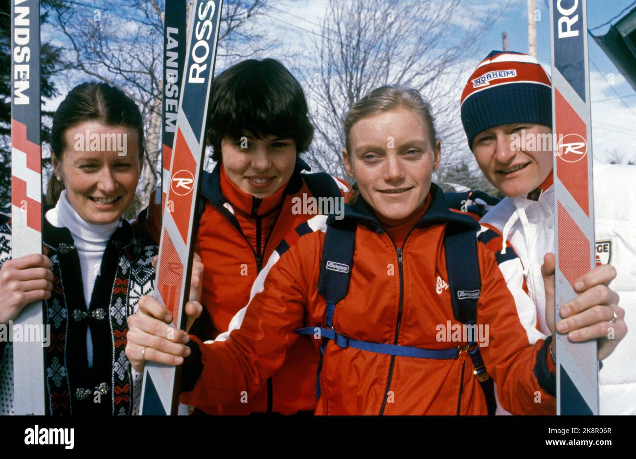 Lake Placid, N.Y., 19800221:  The 1980 Lake Placid. Cross -country skiing, 4.5 km relay, women. The Norwegian team for example: Marit Myrmæl, Brit Pettersen, Anette Bøe and Berit Aunli, photographed February 21, 1980. Photo: NTB / EPU / NTB Stock Photo