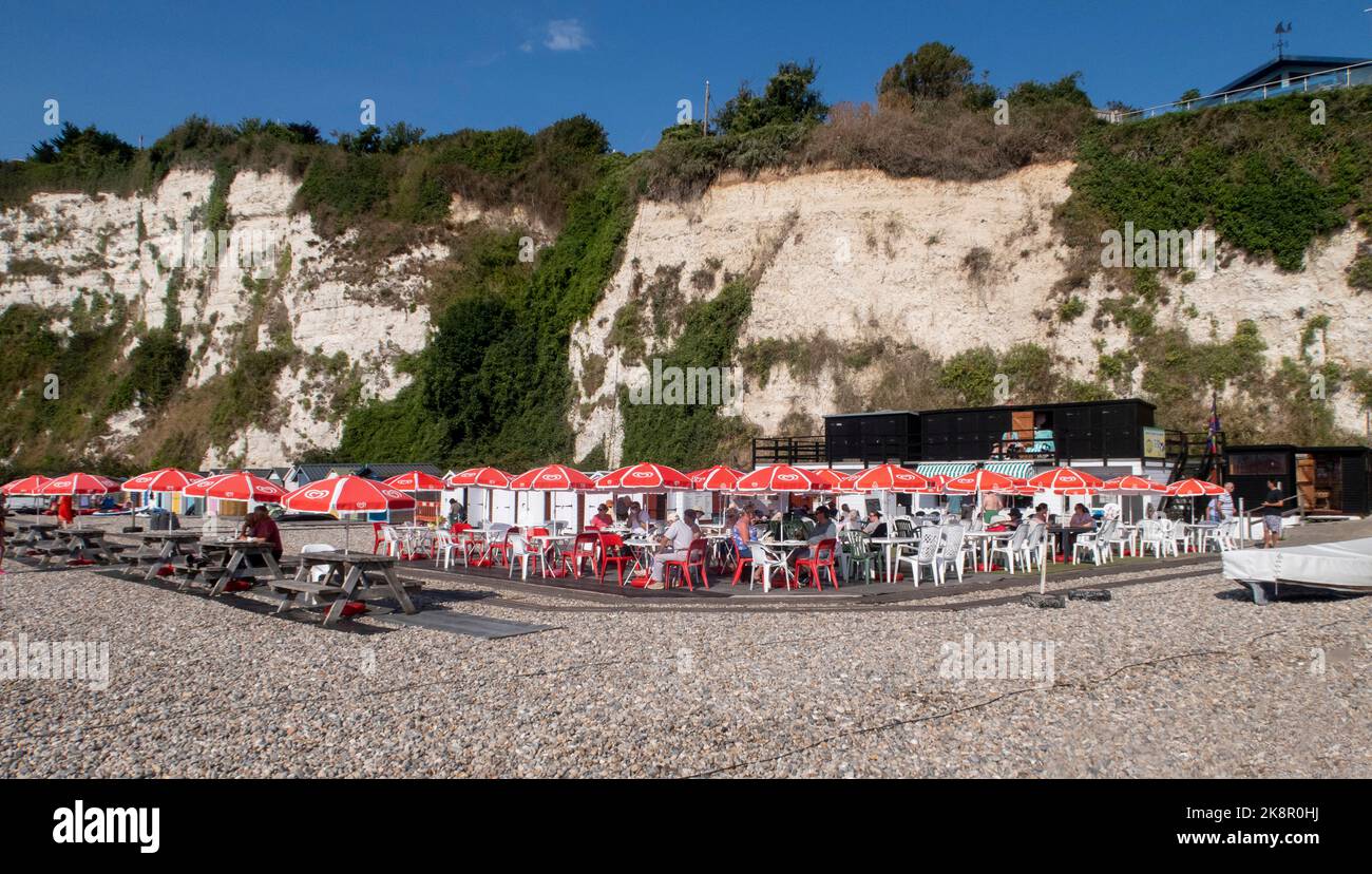Beach cafe in Beer, Devon. Ducky's beach cafe on the shingle beach at Beer, a popular fishing village in Devon. Stock Photo