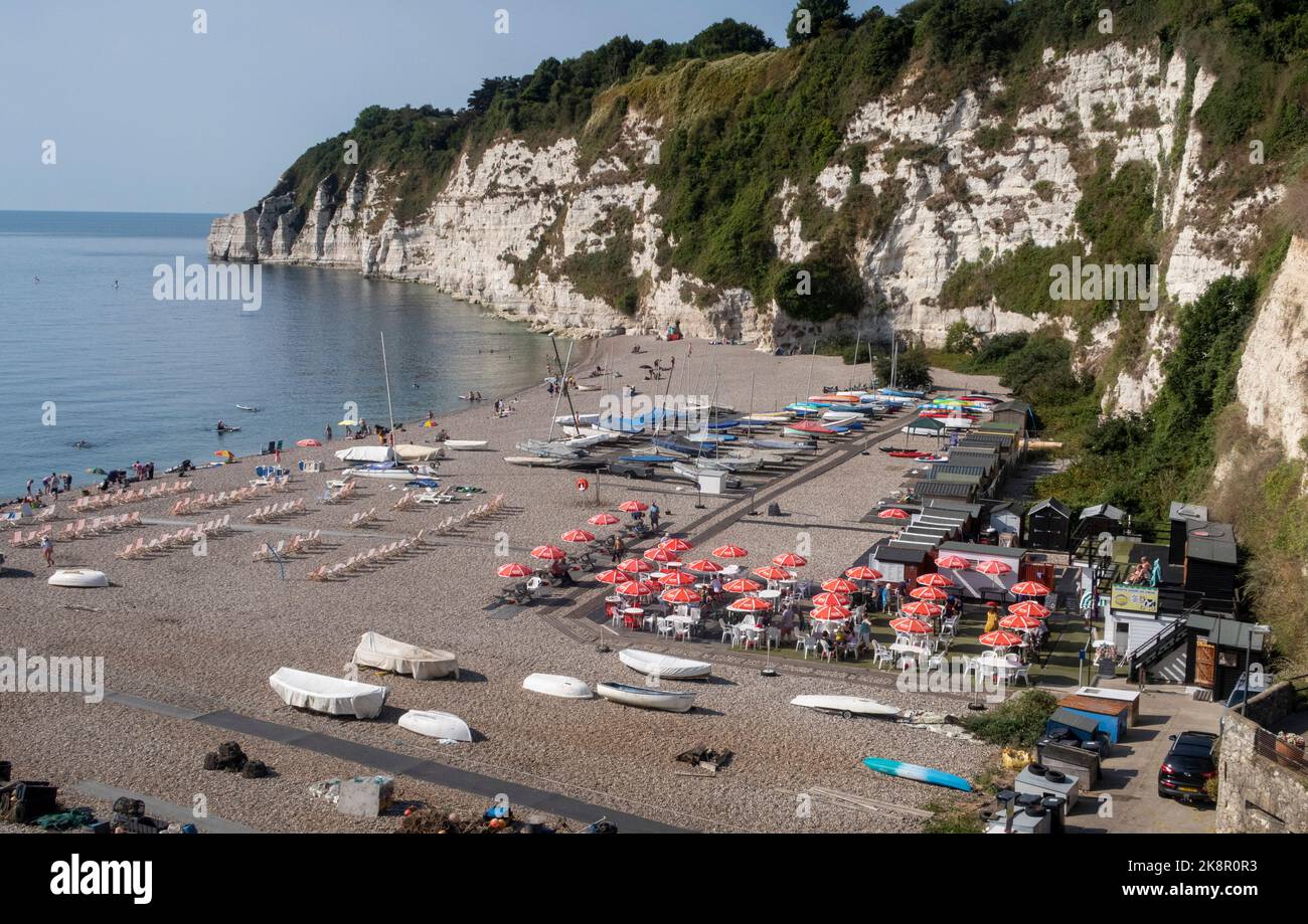 View across the beach and bay in Beer, Devon, with beach cafe on the shingle beach at Beer, a popular fishing village in Devon. Stock Photo