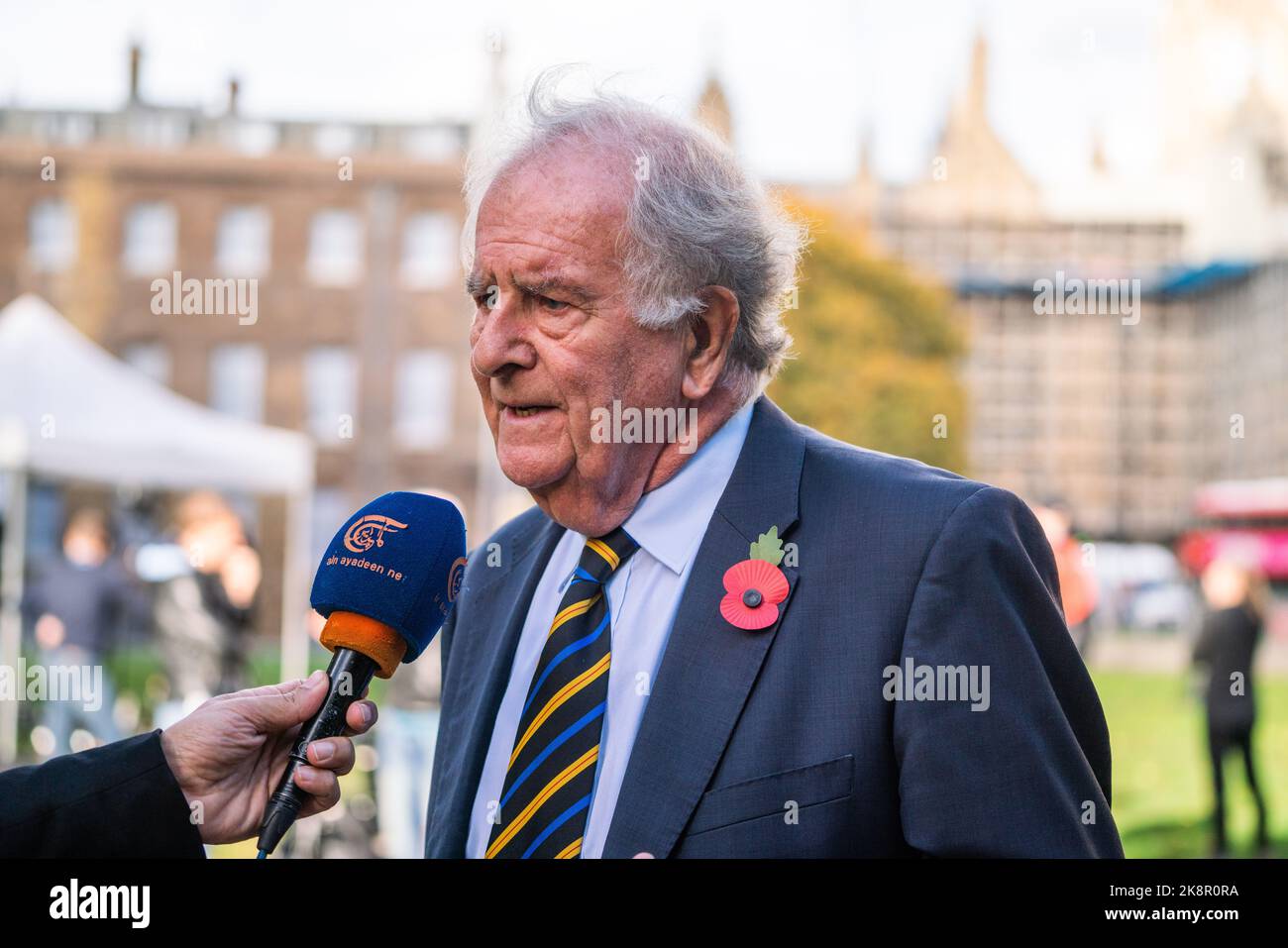 London UK. 24 October 2022 . Sir Roger Gale Conservative  Member of Parliament  North Thanet is interviewed on college green on the day Rishi Sunak won the nomination for Leader of the Conservative Party and becomes the new Prime Minister after Liz Truss resigned . Sir Roger Gale has criticised the conditions at Manston immigration centre Kent. Credit: amer ghazzal/Alamy Live News Stock Photo