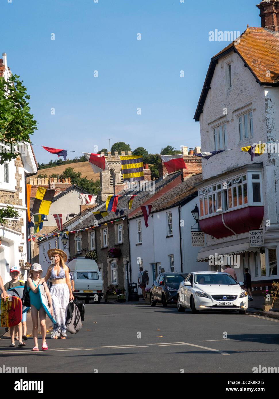 View along Fore Street in Beer, Devon, a popular fishing village and tourist attraction Stock Photo