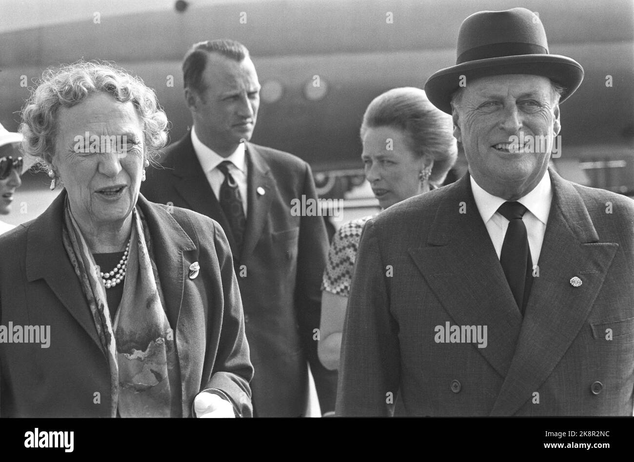 Oslo 19720802. King Haakon's VII 100th anniversary. Princess Margaretha by Denmark (t.v.) was received by King Olav, Princess Ragnhild and Crown Prince Harald on arrival at Fornebu. Princess Margaretha will participate in the connection with the memorials. (Princess Margaretha was at her birth princess both by Sweden and Norway. Later she became a princess of Sweden, and after she got married: Princess of Denmark.) Photo: NTB / NTB Stock Photo