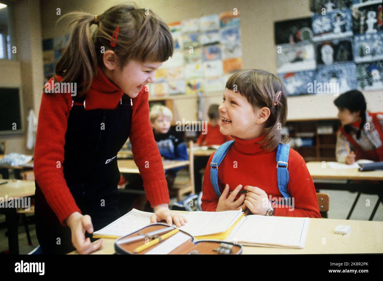 Oslo 1979. Princess Märtha Louise at the school in 1st grade at Smestad elementary school. Picture: The Princess (th) and a classmate. NTB Stock Photo: Erik Thorberg / NTB Stock Photo