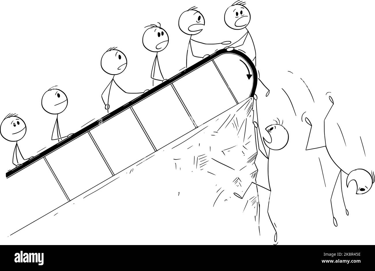 People on Escalator, Falling Down on the End Vector Cartoon Stick Figure Illustration Stock Vector