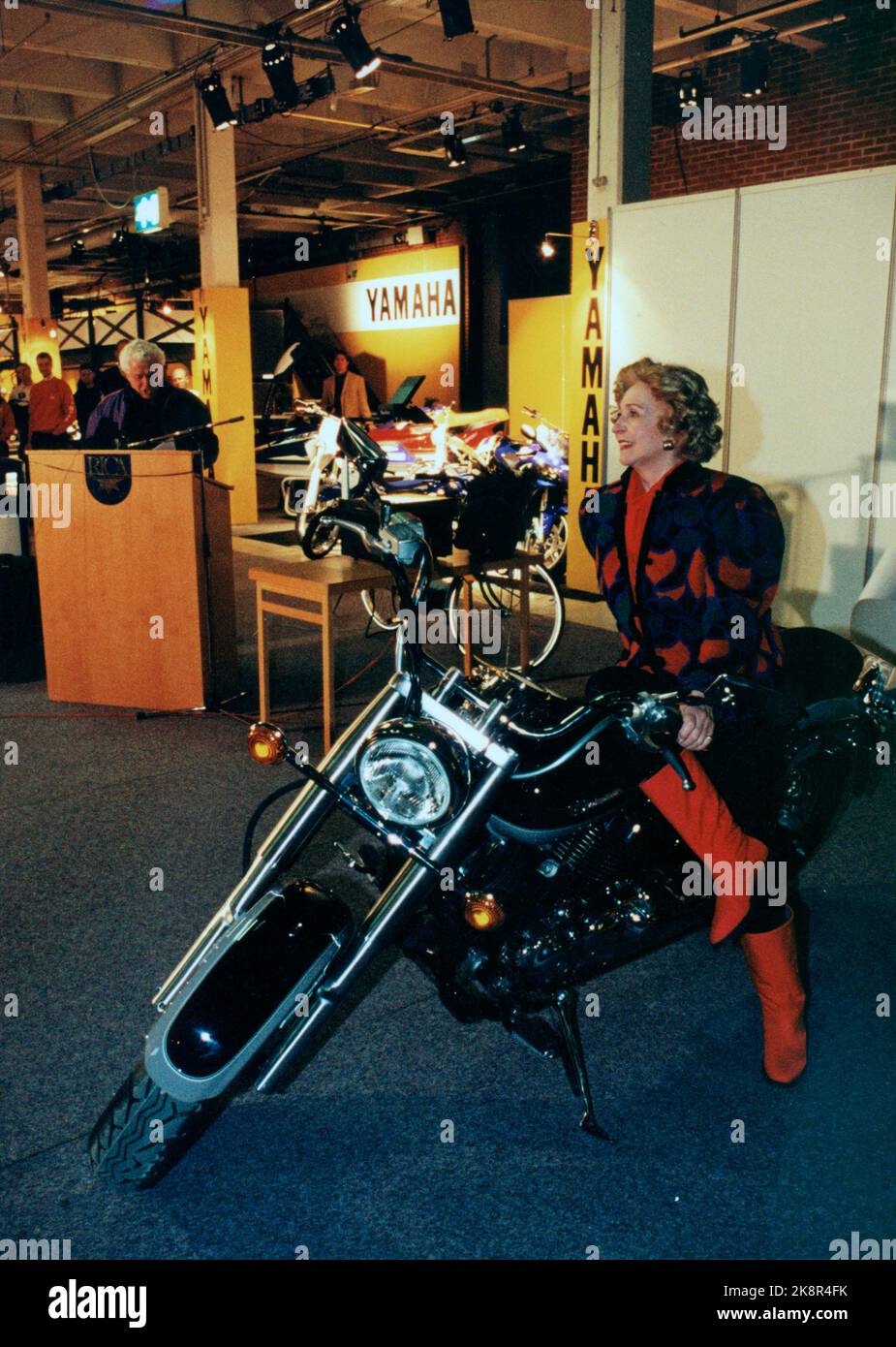 Oslo 19980313. Wenche Foss and Thoralv Maurstad participated in the MC fair 98. He runs his Yamaha 750 Virago on his way to the National Theater every day. She is a motorcycle ridge at the fair. Photo: Knut Falch / Scanfoto / NTB Stock Photo