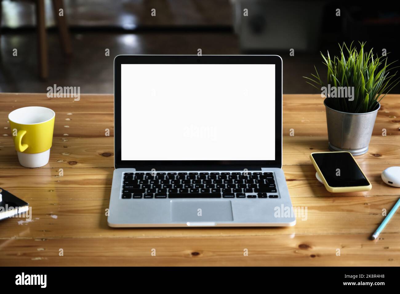 Close-Up laptop on wooden desk blur background. Laptop computer with ...