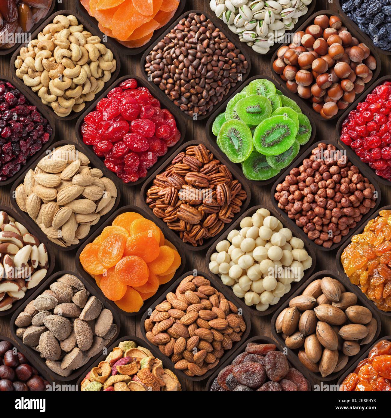 assorted candied berries, dried fruits, nuts and seeds, top view